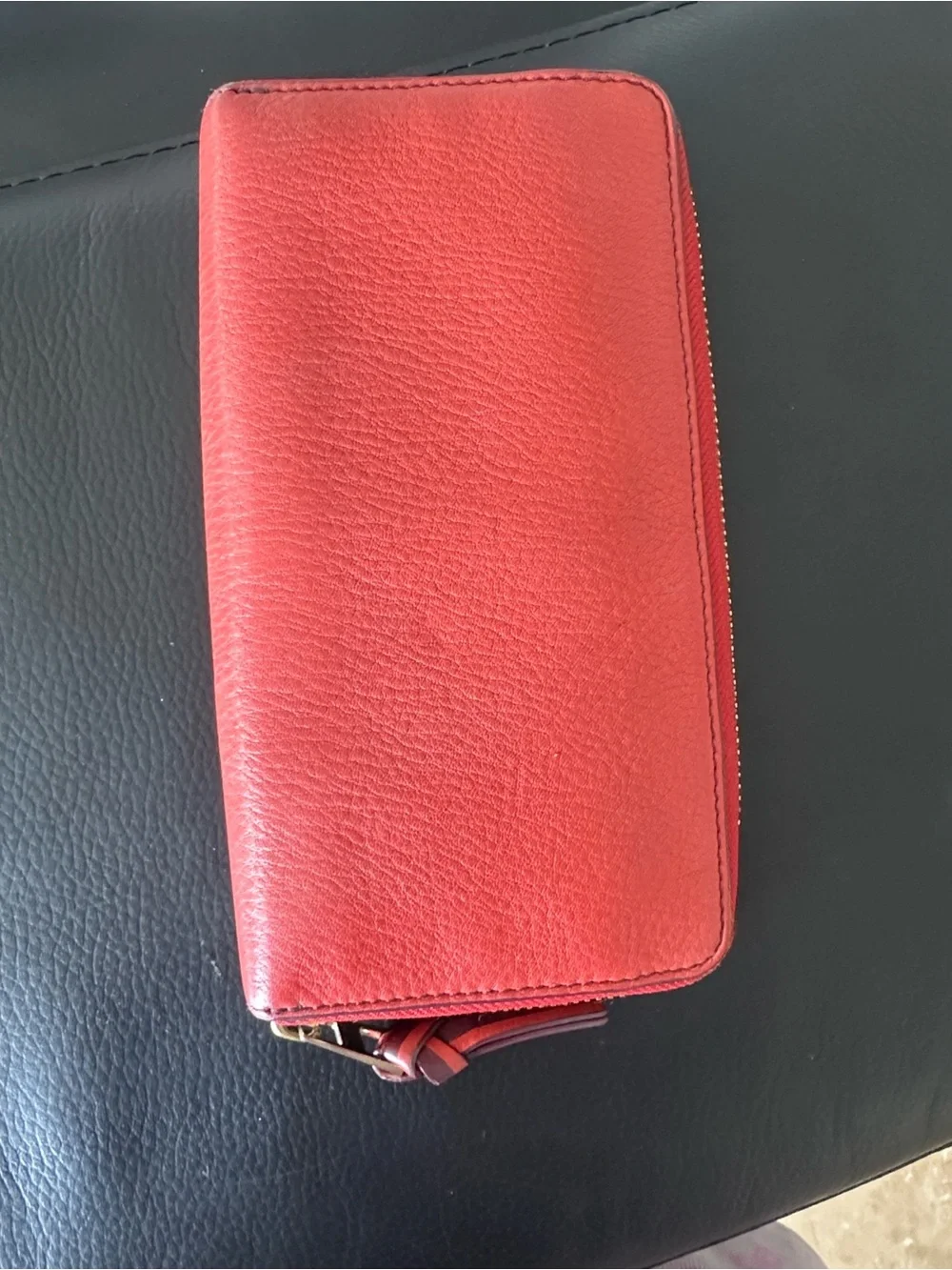 Tory Burch Red Pebbled Leather Zip Wallet with Logo